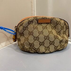 EUC Gucci Brown & Beige GG Canvas Leather Cosmetic Bag Pouch Bamboo Zipper Auth!